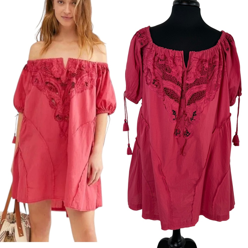 Free People Sunbeat Off-the-Shoulder Embroidered Tunic Mini Dress Pink M NWT - Picture 1 of 16